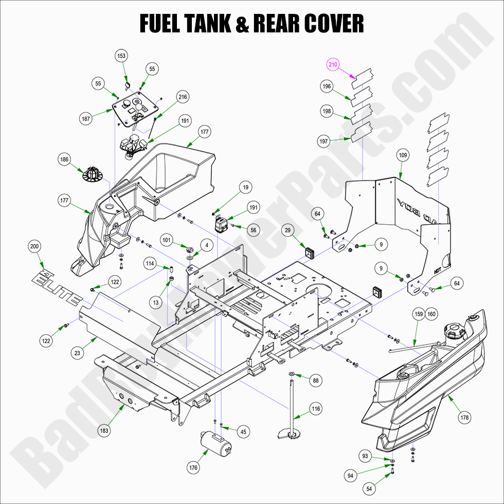 2976 - Bad Boy Mower Parts Lookup > 2022 > ZT Elite > Fuel Tank & Rear Covers